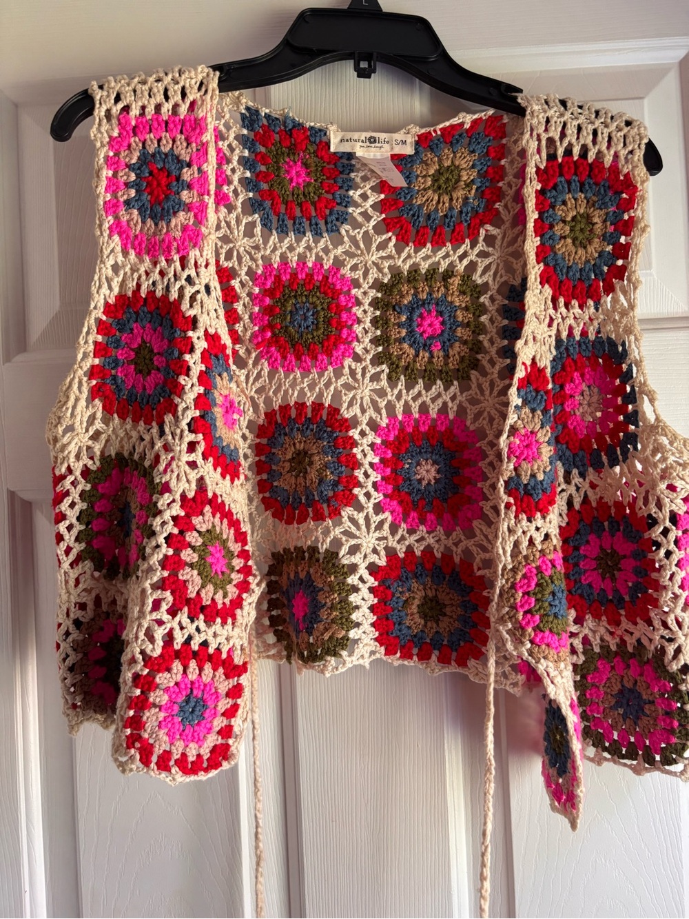 Crochet Granny Square Open Vest - Pink, Red, Cream, Green, Blue